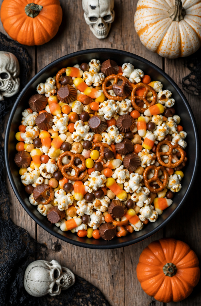 A bowl of snack mix with popcorn, pretzels, and candy.