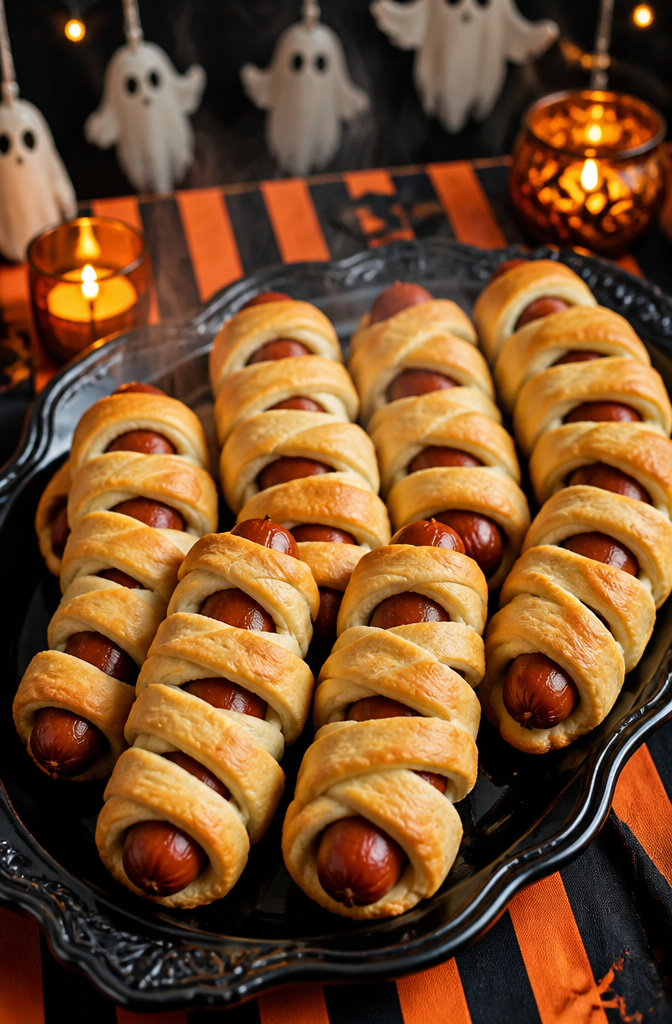 Hot dogs wrapped in crescent roll dough resembling mummies.
