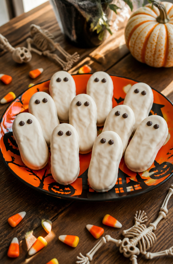 Nutter Butter cookies decorated as ghosts with chocolate chip eyes.