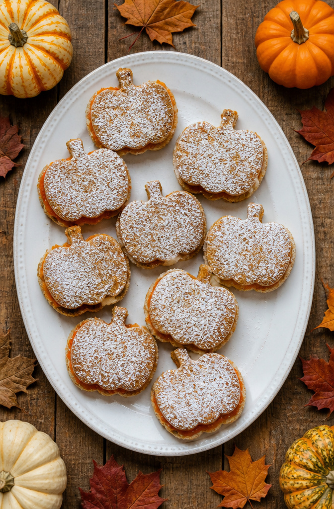 Sandwiches cut into pumpkin shapes with peanut butter and jam filling.