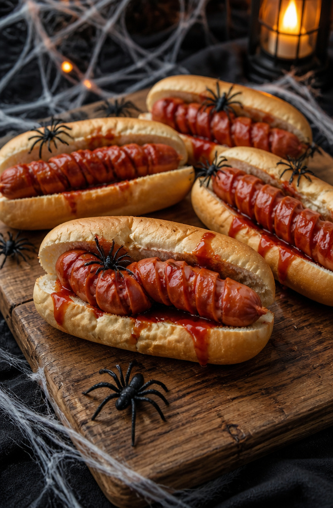 Hot dogs cut spirally and served in buns with ketchup.