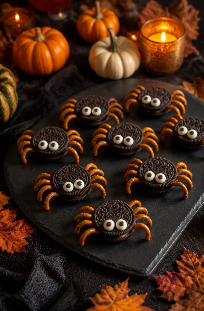 Oreo cookies decorated as spiders with pretzel legs and candy eyes.
