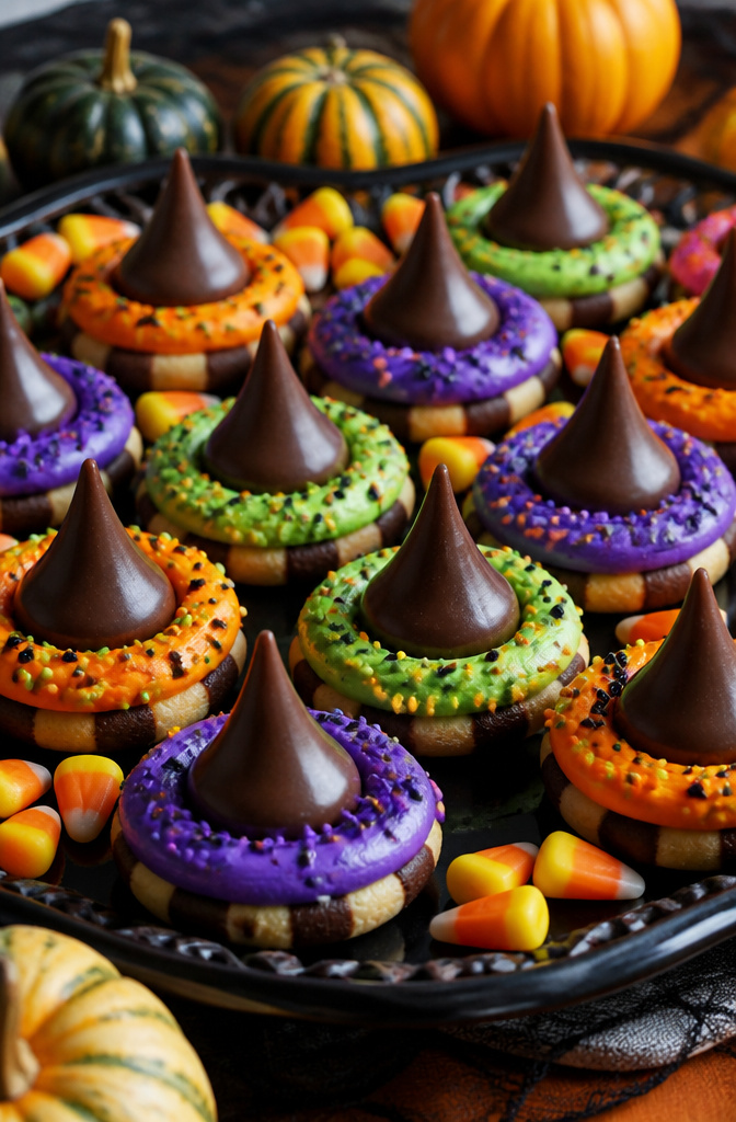 Hershey's Kiss on a cookie resembling a witch hat with frosting.