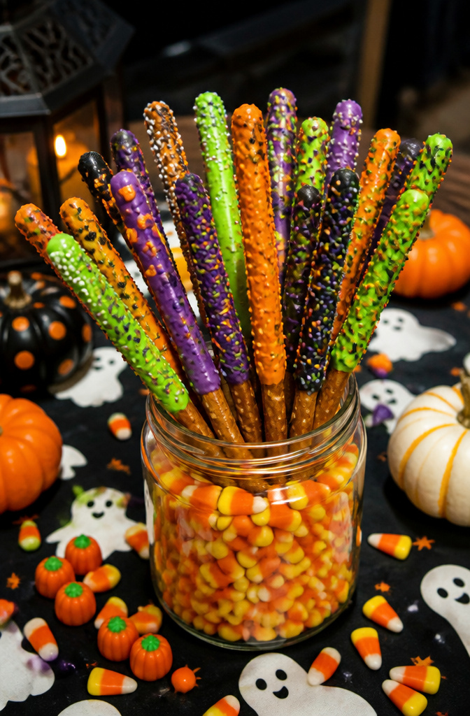 Pretzel rods covered in candy coating and decorated with sprinkles.