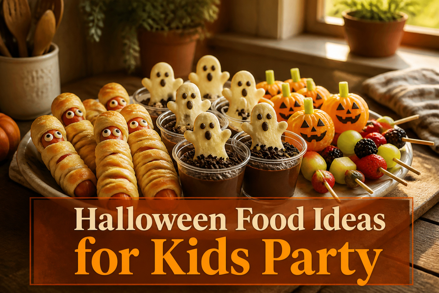 A variety of Halloween-themed food ideas for a kids party.