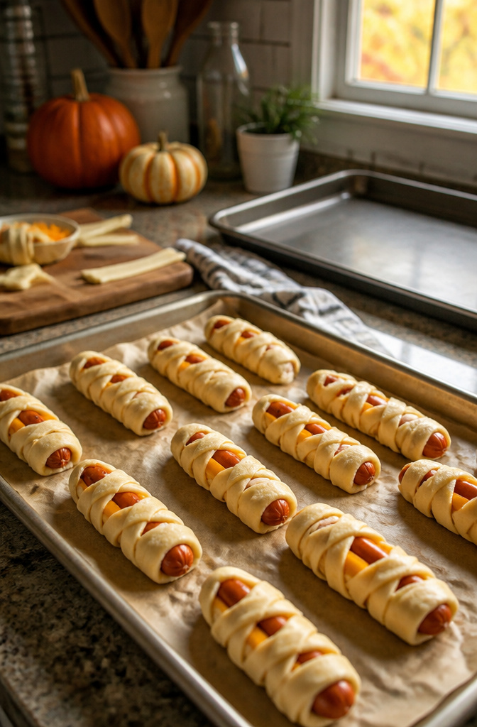 Halloween Mummy Hot Dogs Recipe with Crescent Dough 8 Mummy Hot Dogs with cheese tucked under the crescent dough on a baking sheet.