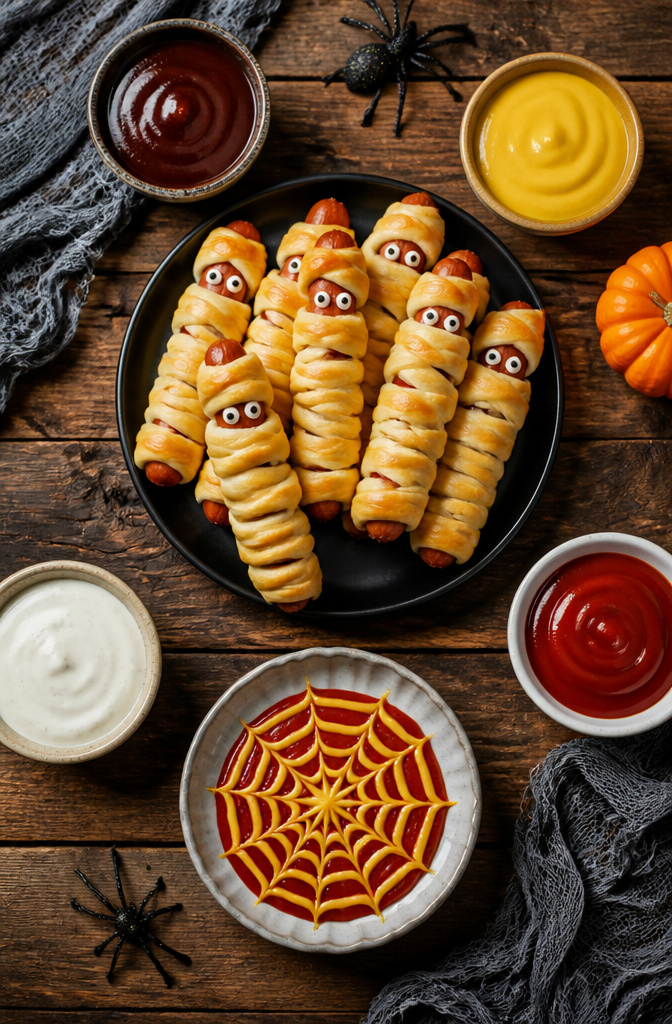 Halloween Mummy Hot Dogs Recipe with Crescent Dough 7 Dipping sauces including ranch, BBQ, and honey mustard arranged on a table.