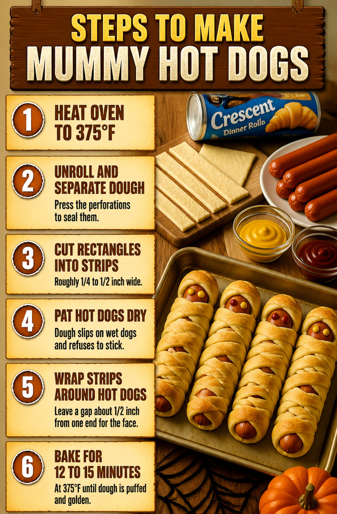 Halloween Mummy Hot Dogs Recipe with Crescent Dough 3 Instructions for making Mummy Hot Dogs displayed in a visual format.
