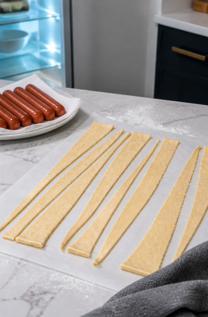 Halloween Mummy Hot Dogs Recipe with Crescent Dough 4 Strips of crescent dough on parchment paper beside an open refrigerator.