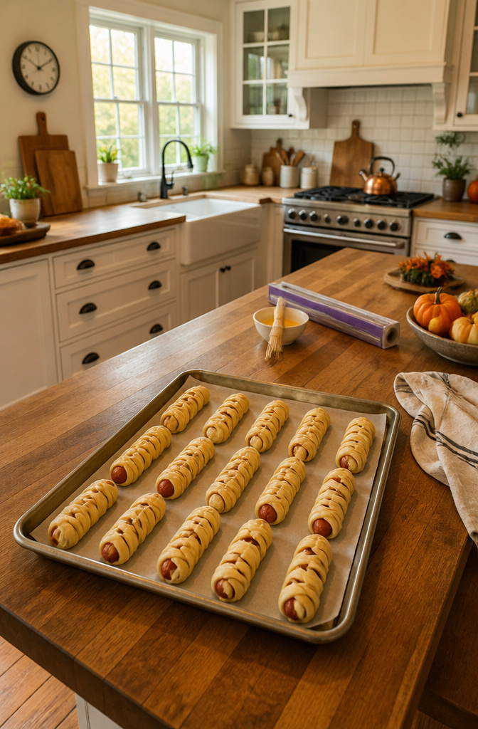 Halloween Mummy Hot Dogs Recipe with Crescent Dough 5 Wrapped uncooked Mummy Hot Dogs on a baking sheet covered with plastic wrap.