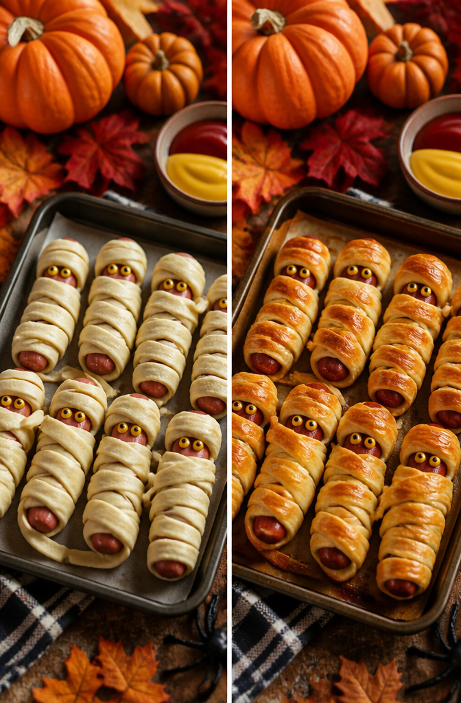 Halloween Mummy Hot Dogs Recipe with Crescent Dough 6 Mini Mummy Hot Dogs made with Lil' Smokies on a baking sheet.