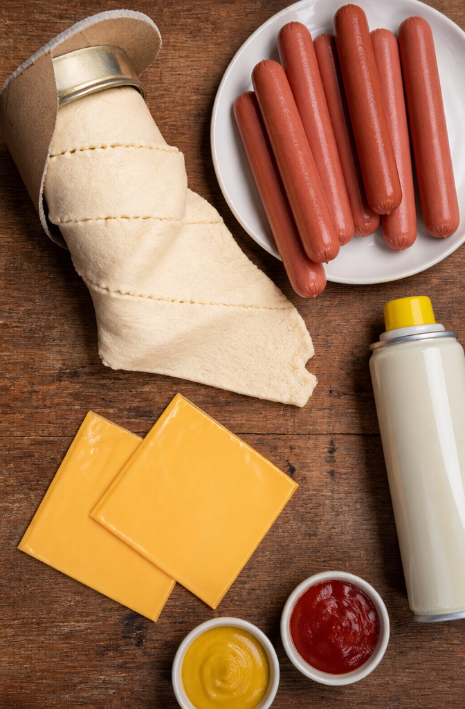Halloween Mummy Hot Dogs Recipe with Crescent Dough 2 Ingredients displayed on a countertop for Halloween Mummy Hot Dogs.