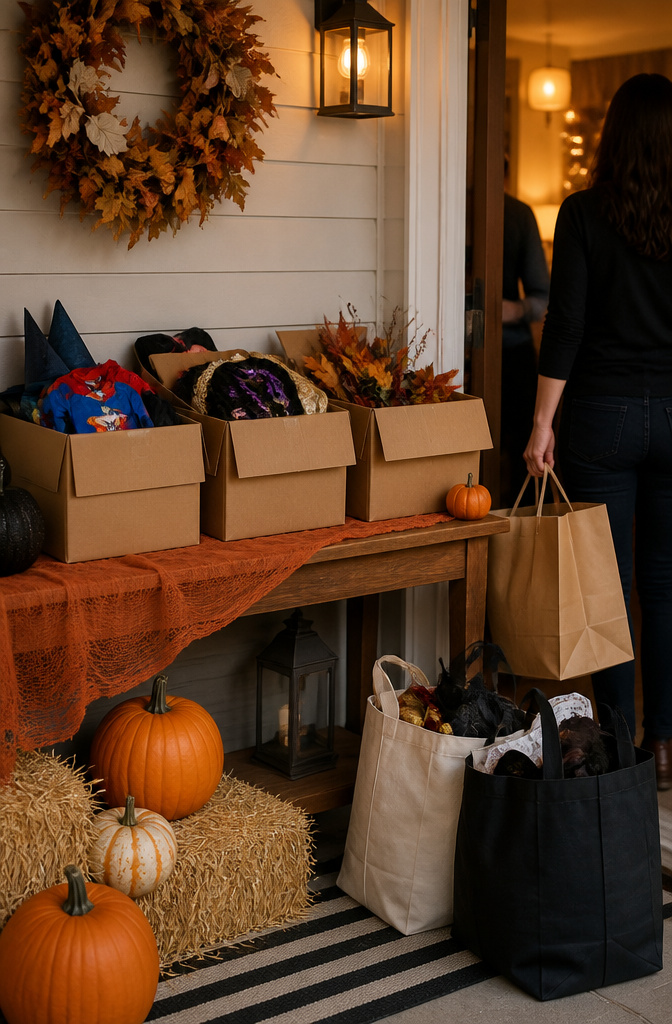 8 Halloween Party Ideas Adults Can Actually Use 11 A table organized for costume donations at a Halloween party.