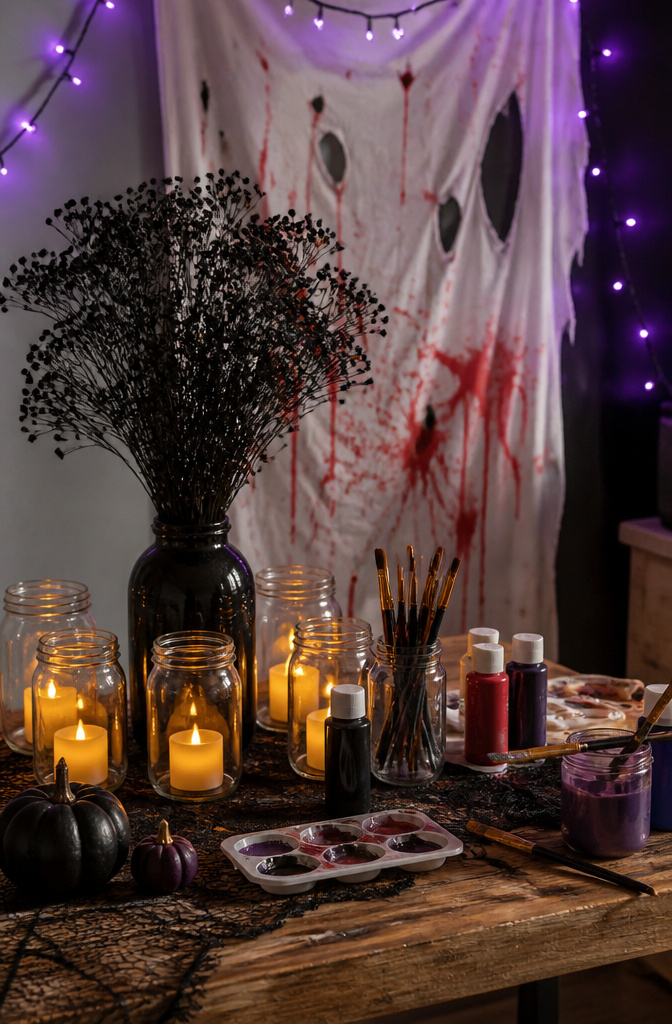 8 Halloween Party Ideas Adults Can Actually Use 6 A table displaying black spray-painted dried flowers and LED candles.