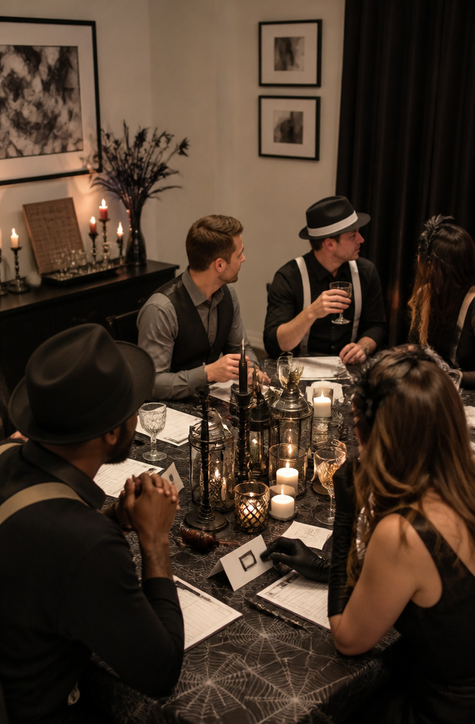 8 Halloween Party Ideas Adults Can Actually Use 5 A dining table set for a murder mystery game with character sheets.