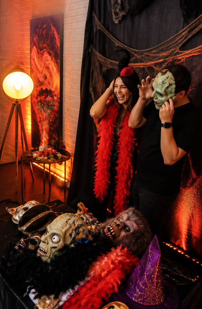 8 Halloween Party Ideas Adults Can Actually Use 7 A colorful photo booth with various costumes and props for guests.