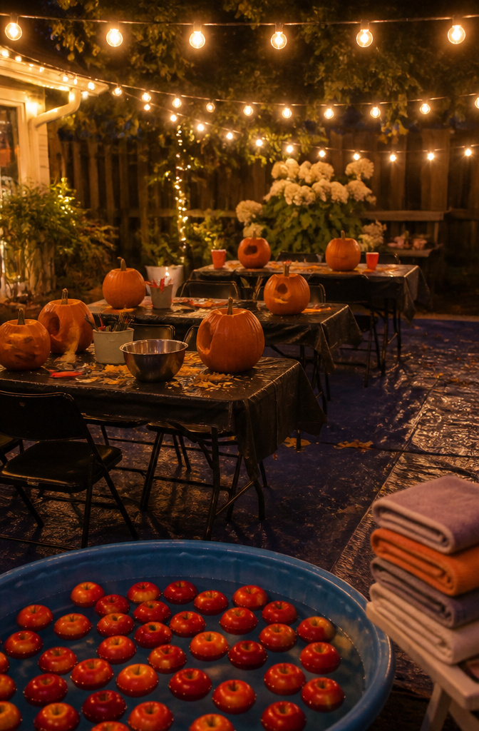 8 Halloween Party Ideas Adults Can Actually Use 9 A group of adults carving pumpkins at tables in a decorated backyard.