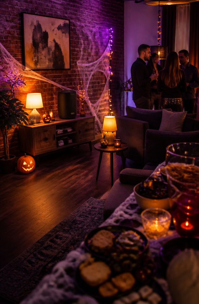 8 Halloween Party Ideas Adults Can Actually Use 8 A cozy atmosphere at a Halloween party enhanced by spooky music.