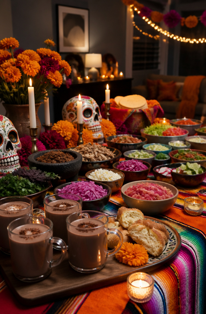8 Halloween Party Ideas Adults Can Actually Use 2 A taco bar decorated with marigolds and sugar skulls at a Halloween party.
