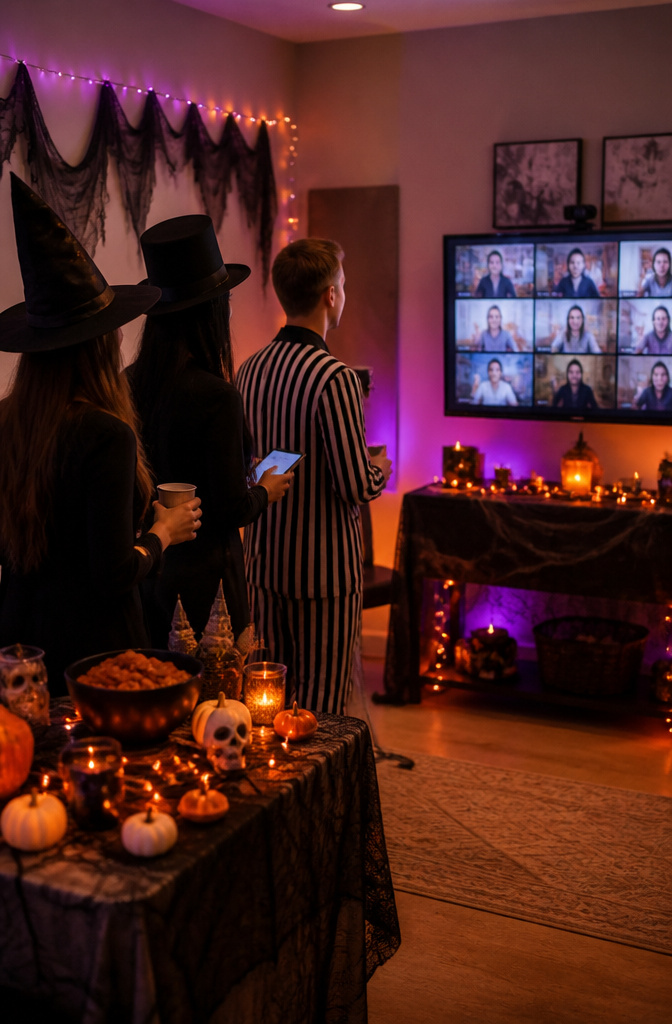 8 Halloween Party Ideas Adults Can Actually Use 10 A room staged for a Halloween party with remote guests on a screen.