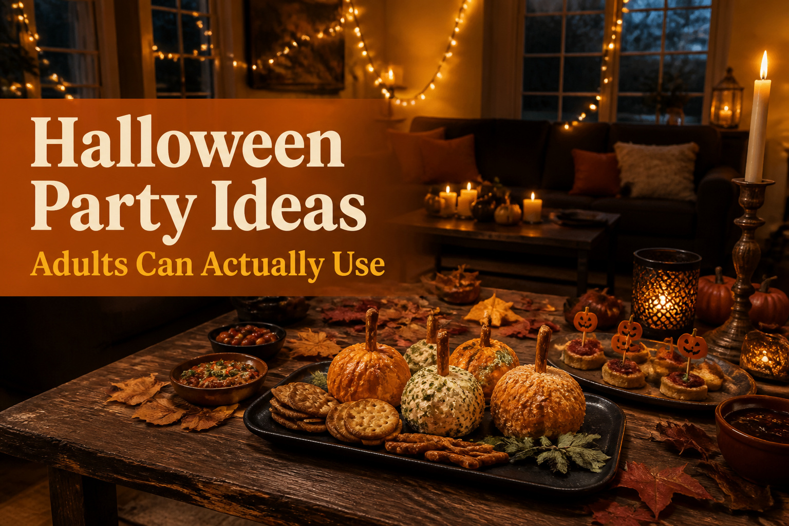 A Halloween party scene with guests in costumes and colorful decorations.