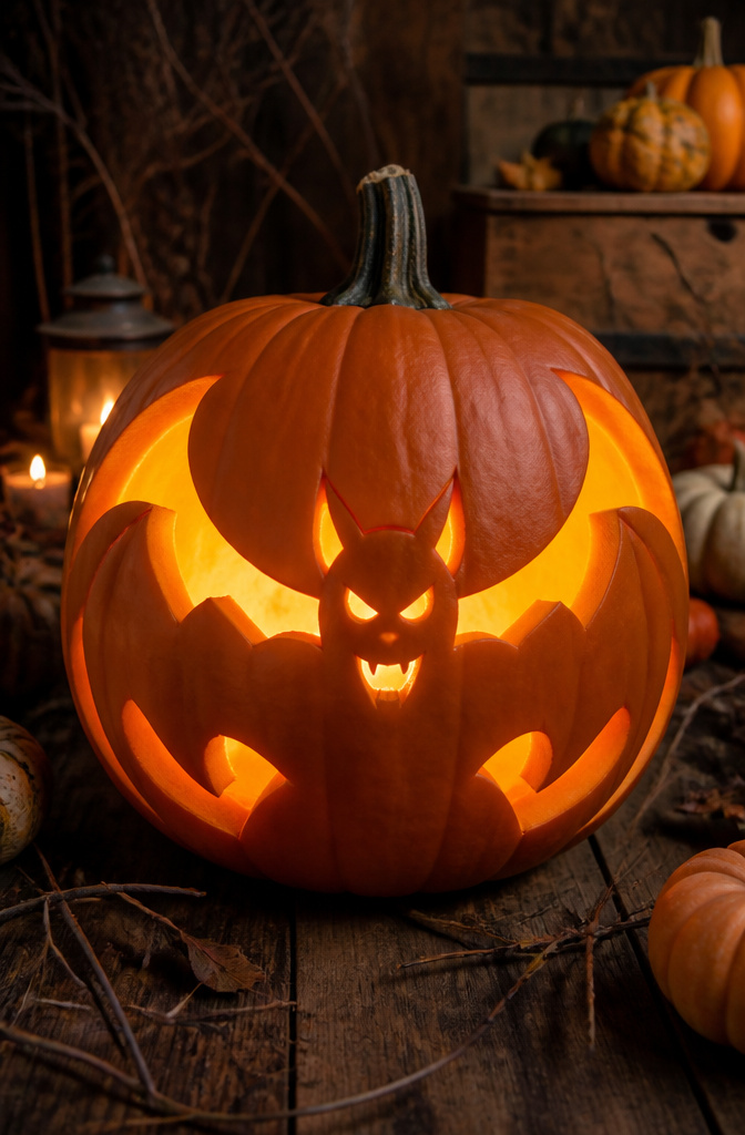10 Halloween Pumpkin Designs: Carved, Painted and Glitter Ideas 4 A pumpkin carved to resemble a bat with wings wrapping around the sides.