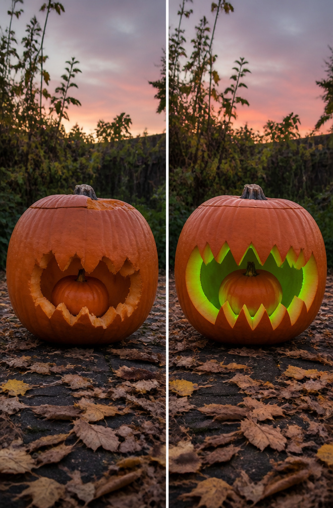 10 Halloween Pumpkin Designs: Carved, Painted and Glitter Ideas 3 Two pumpkins, one large and one small, positioned to look like a bite.
