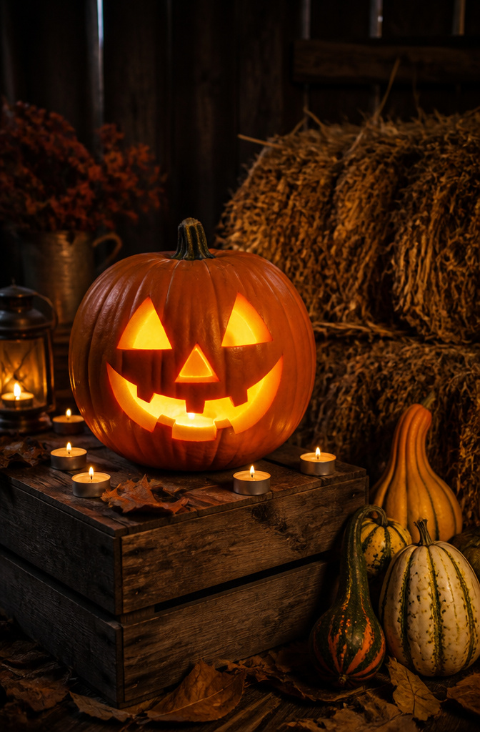 10 Halloween Pumpkin Designs: Carved, Painted and Glitter Ideas 5 A traditional jack-o-lantern with triangular eyes and a toothy grin.
