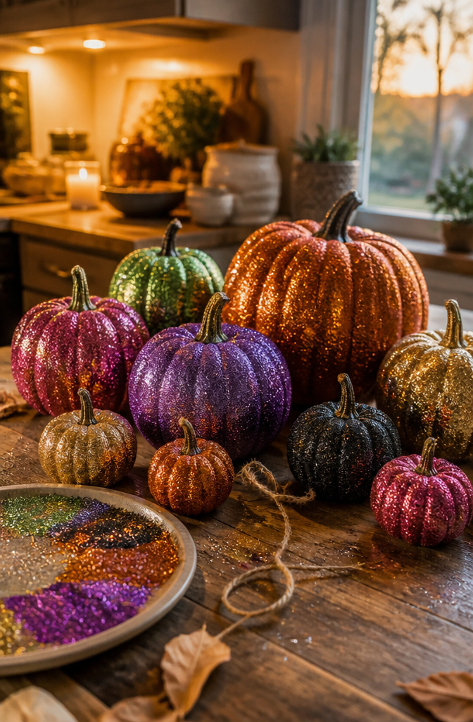 10 Halloween Pumpkin Designs: Carved, Painted and Glitter Ideas 10 Small pumpkins coated in colorful glitter on a rustic kitchen counter.
