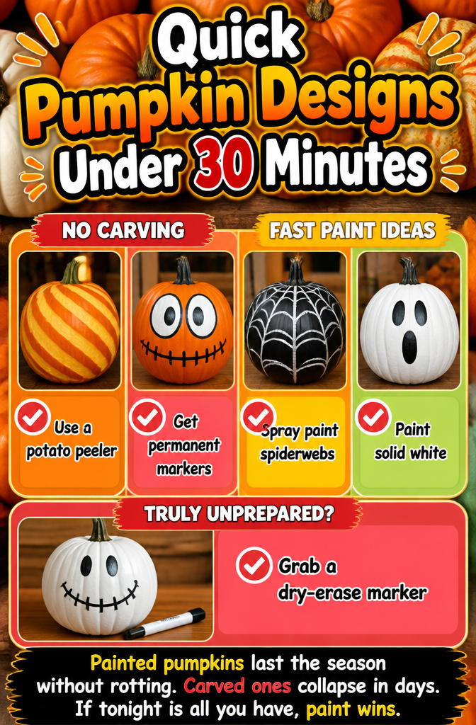 10 Halloween Pumpkin Designs: Carved, Painted and Glitter Ideas 14 An image featuring easy pumpkin design ideas that take less than 30 minutes.