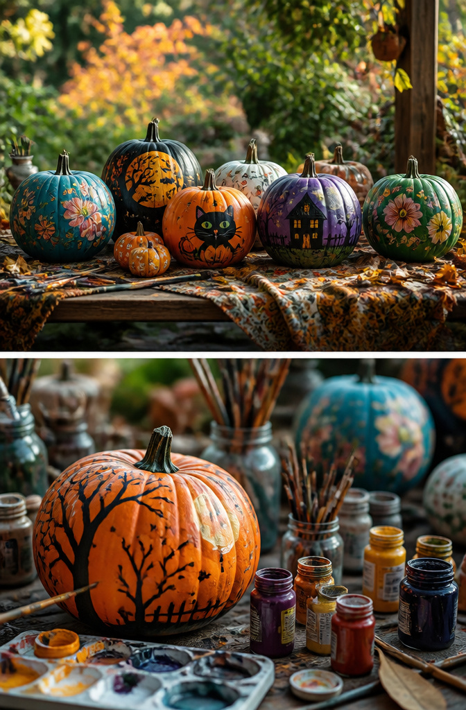 10 Halloween Pumpkin Designs: Carved, Painted and Glitter Ideas 9 Pumpkins painted in various colors with intricate designs and patterns.