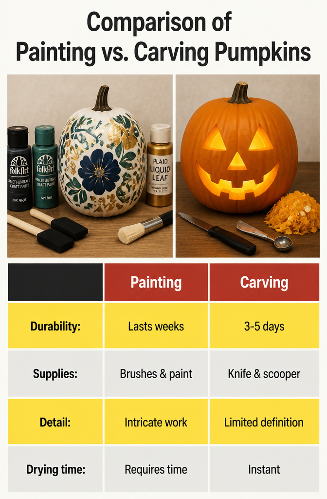 10 Halloween Pumpkin Designs: Carved, Painted and Glitter Ideas 13 A comparison image showing painted versus carved pumpkins.