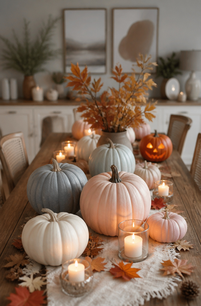 10 Halloween Pumpkin Designs: Carved, Painted and Glitter Ideas 11 Pumpkins painted in pastel colors set on a dining table.