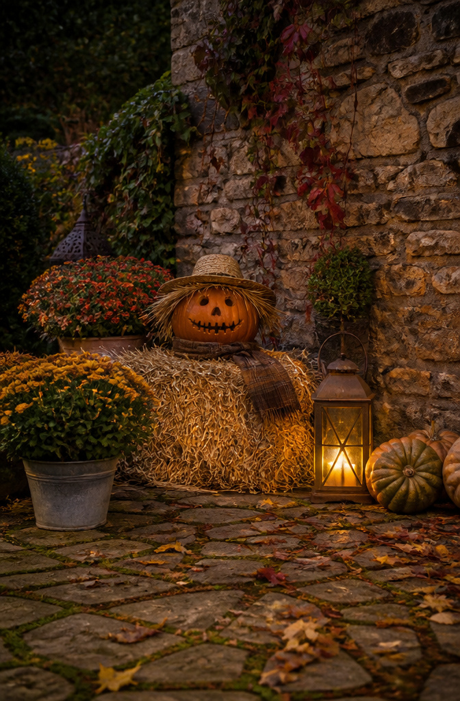 10 Halloween Pumpkin Designs: Carved, Painted and Glitter Ideas 8 A pumpkin with a straw hat and a stitched mouth, resembling a scarecrow.