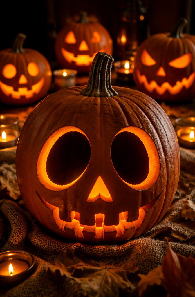 10 Halloween Pumpkin Designs: Carved, Painted and Glitter Ideas 7 A pumpkin carved into a skull with large eye sockets and a triangle nose.