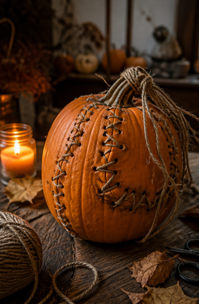 10 Halloween Pumpkin Designs: Carved, Painted and Glitter Ideas 2 A pumpkin with deep vertical gashes and twine laced through.