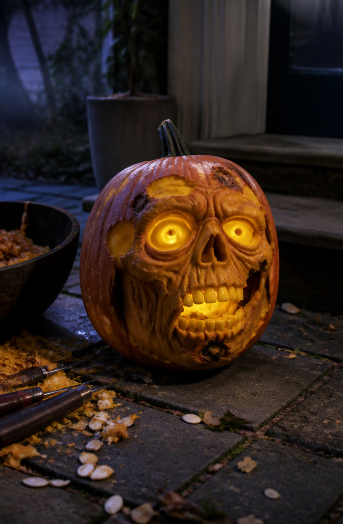 10 Halloween Pumpkin Designs: Carved, Painted and Glitter Ideas 6 A pumpkin carved to look like a zombie with dramatic textures.