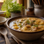 A bowl of hamburger potato soup garnished with herbs.