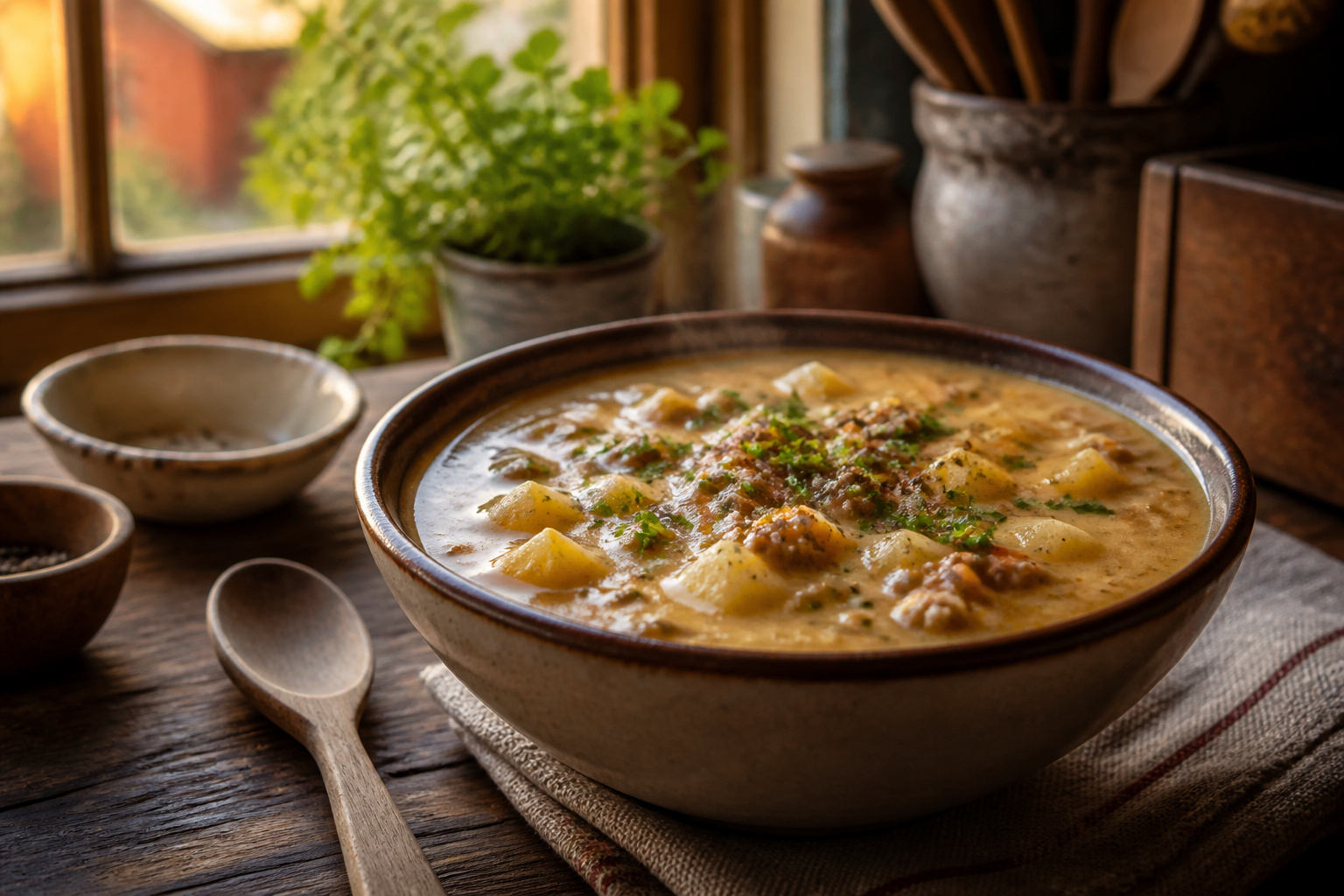 A bowl of hamburger potato soup garnished with herbs.