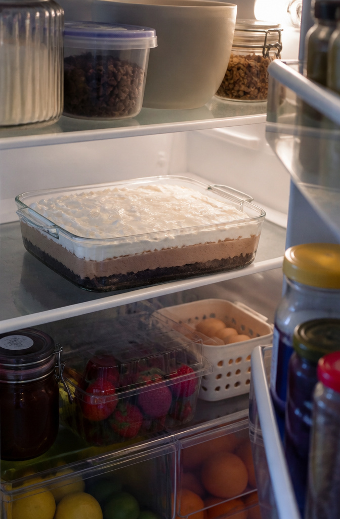 Hot Chocolate Lasagna (No-Bake Layered Dessert) 5 Hot chocolate lasagna layers visible in a glass baking dish inside a refrigerator.
