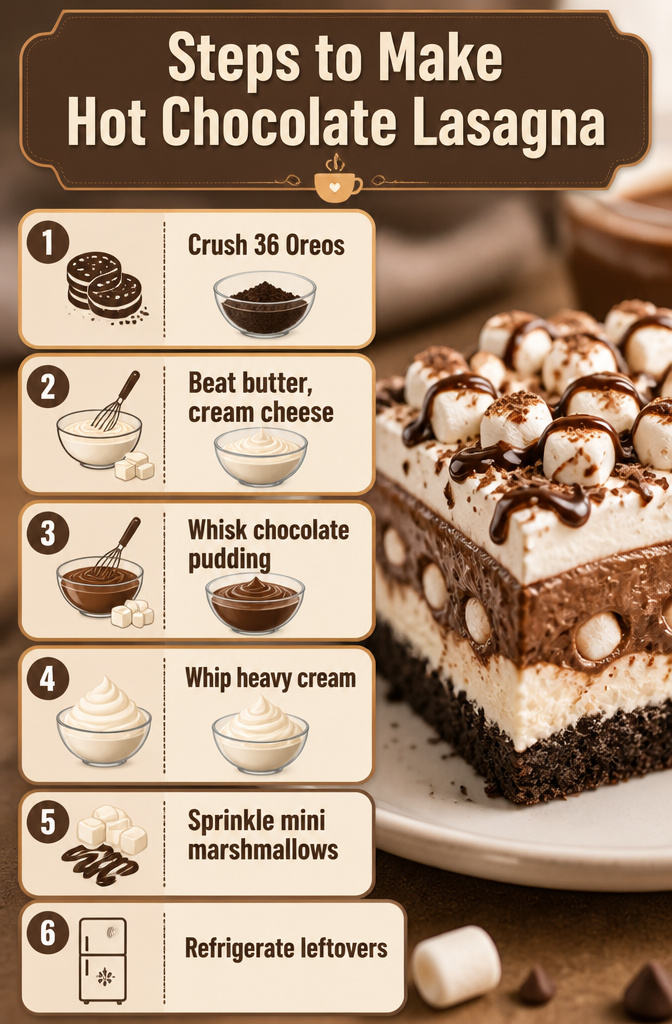 Hot Chocolate Lasagna (No-Bake Layered Dessert) 4 Step-by-step instructions for preparing hot chocolate lasagna.