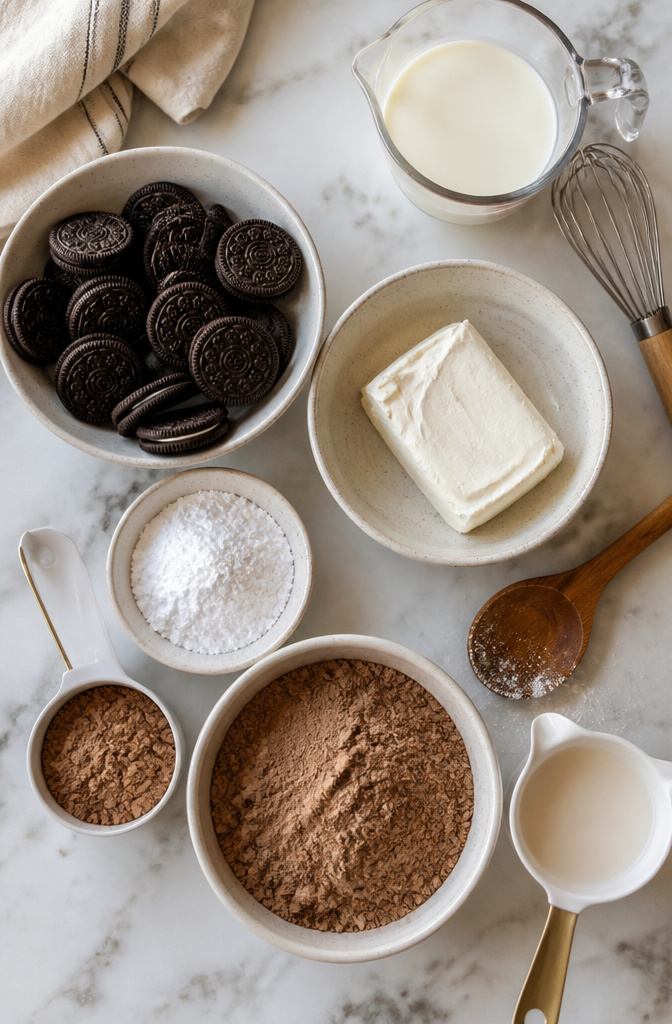 Hot Chocolate Lasagna (No-Bake Layered Dessert) 3 Ingredients for hot chocolate lasagna including Oreos, cream cheese, and cocoa mix.