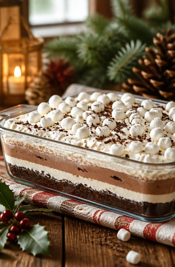 Hot Chocolate Lasagna (No-Bake Layered Dessert) 2 Close-up of hot chocolate lasagna showing its layered structure.