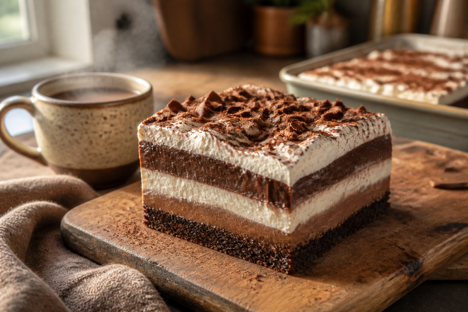 Layered hot chocolate lasagna with Oreo crust, mousse, pudding, and marshmallows.