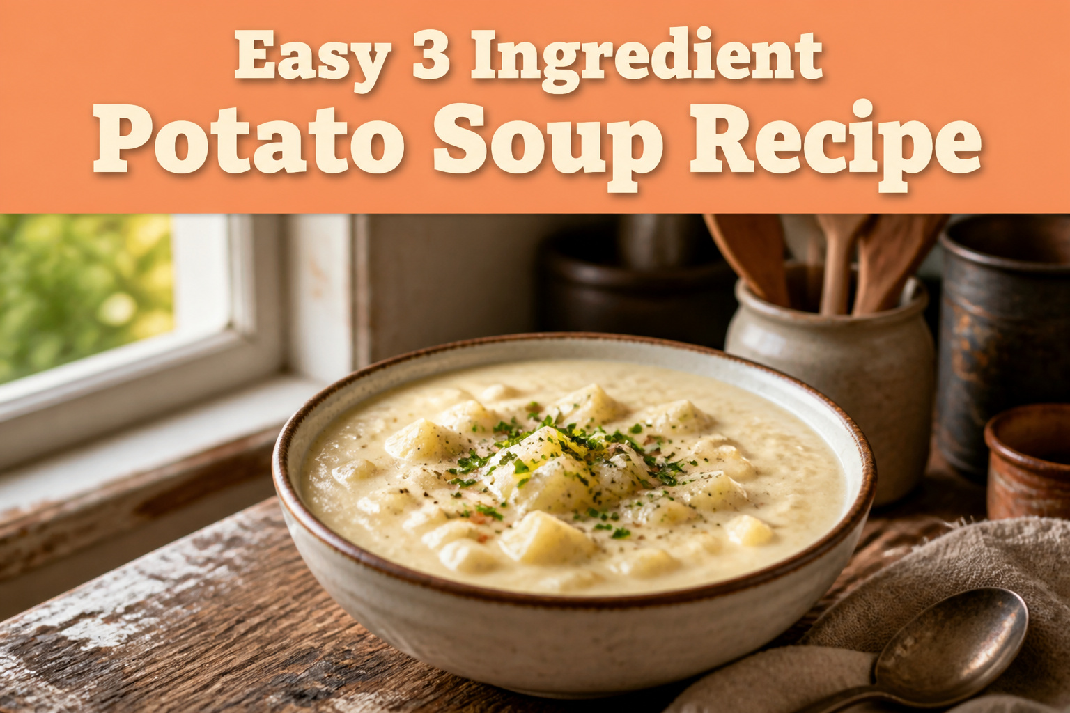 A pot of potato soup on the stove in a cozy kitchen.