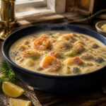 A pot of seafood chowder with shrimp, fish, and vegetables on a stovetop.