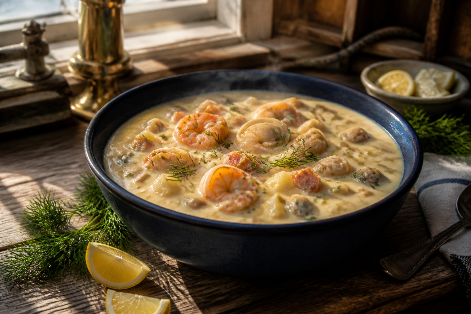 A pot of seafood chowder with shrimp, fish, and vegetables on a stovetop.