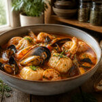 A bowl of Cioppino filled with seafood and a red broth.