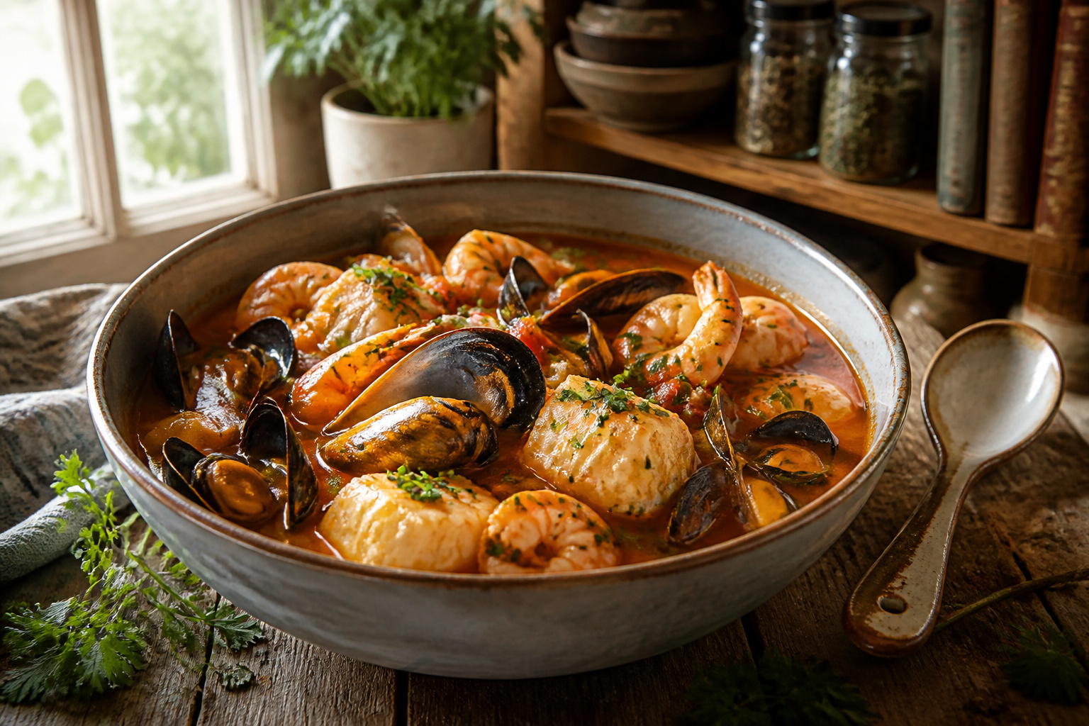 A bowl of Cioppino filled with seafood and a red broth.