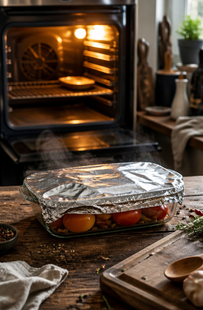 Jack O Lantern Stuffed Peppers: 5 Steps for Carving, Filling and Baking 5 A baking dish with stuffed peppers covered tightly with aluminum foil.